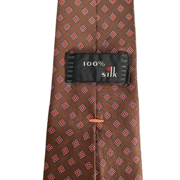 100% Silk Brown and Orange Diamond Pattern Mens Thin Necktie 58in - Picture 4 of 4